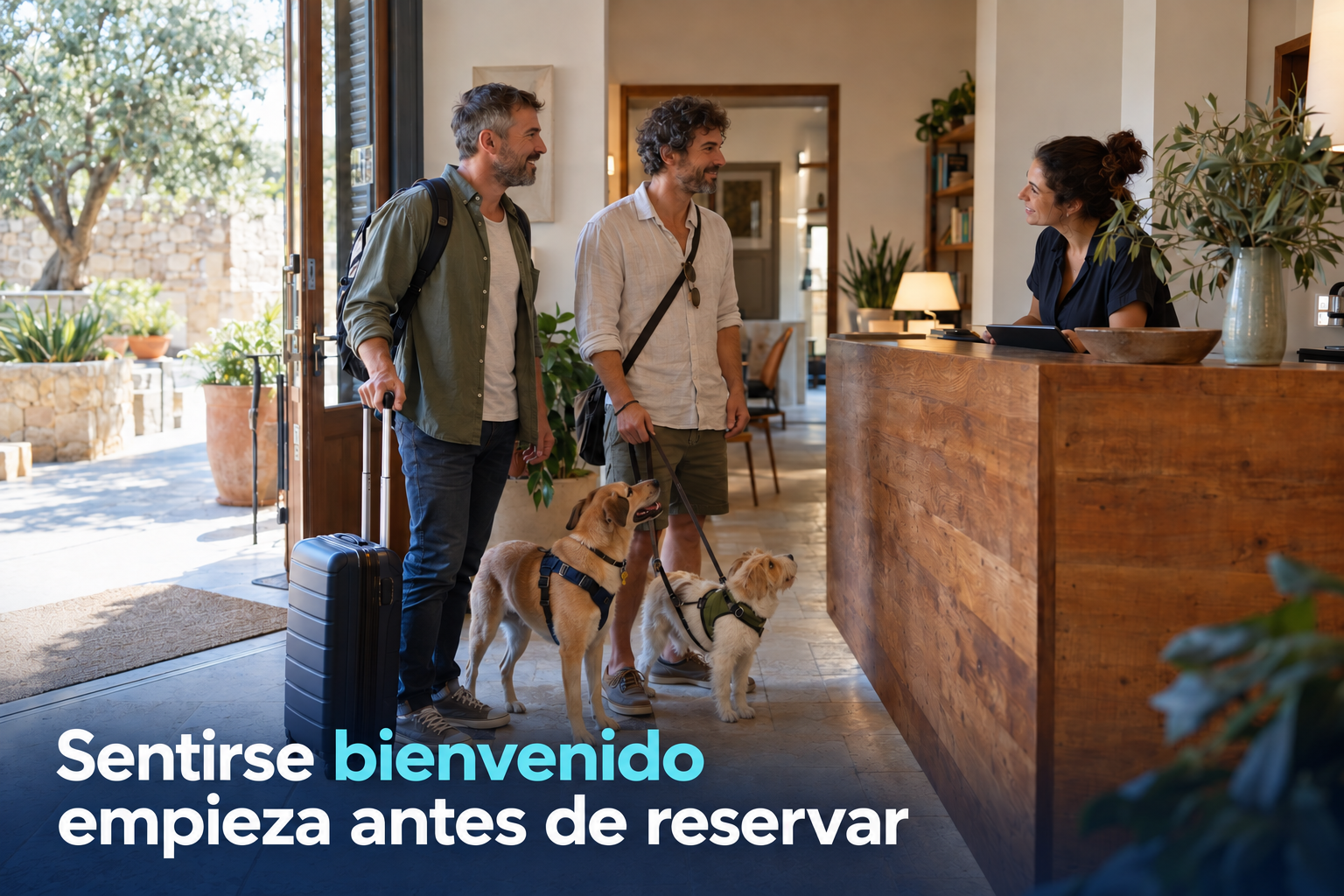 Una pareja de hombres llega con dos perros a un hotel y recibe una bienvenida natural. Sentirse bienvenido empieza antes de reservar.