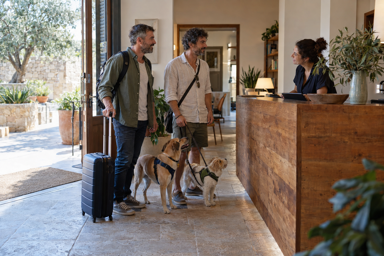 Una parella d’homes arriba amb dos gossos a un hotel i rep una benvinguda natural.